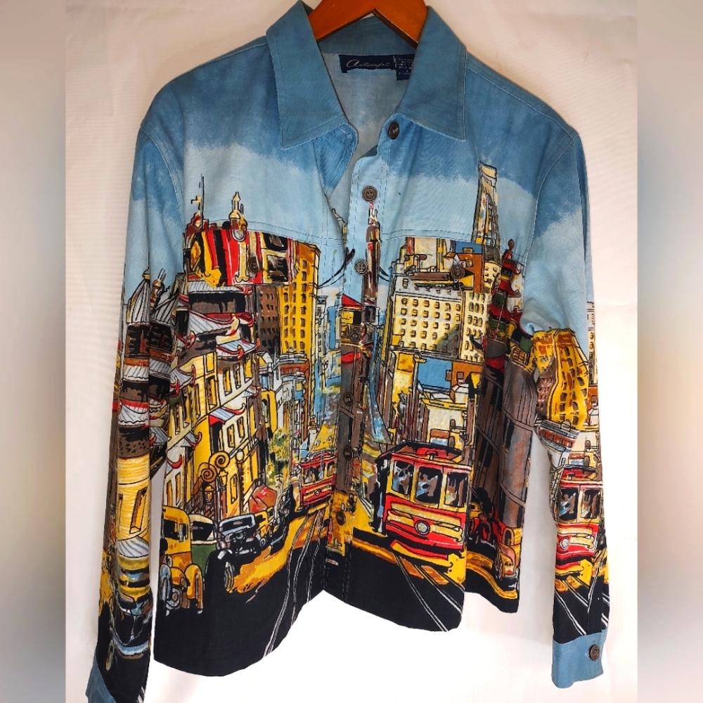 ARTSCAPES SAN FRANCISCO TROLLEY CAR DENIM COTTON WOMEN'S SIZE LARGE JACKET